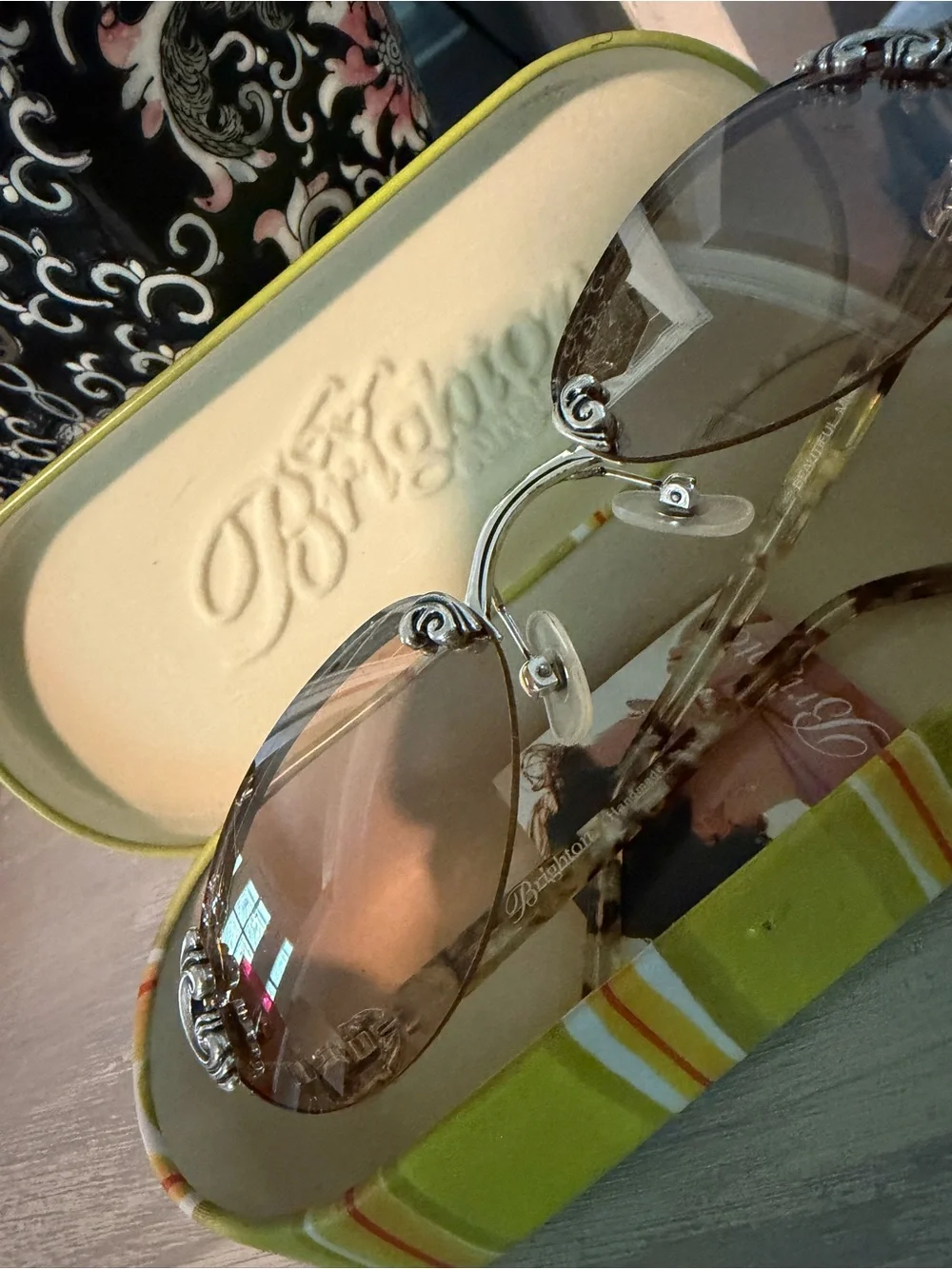 Brighton Beautiful Mind Rimless Sunglasses Brown Silver Scrollwork + Case